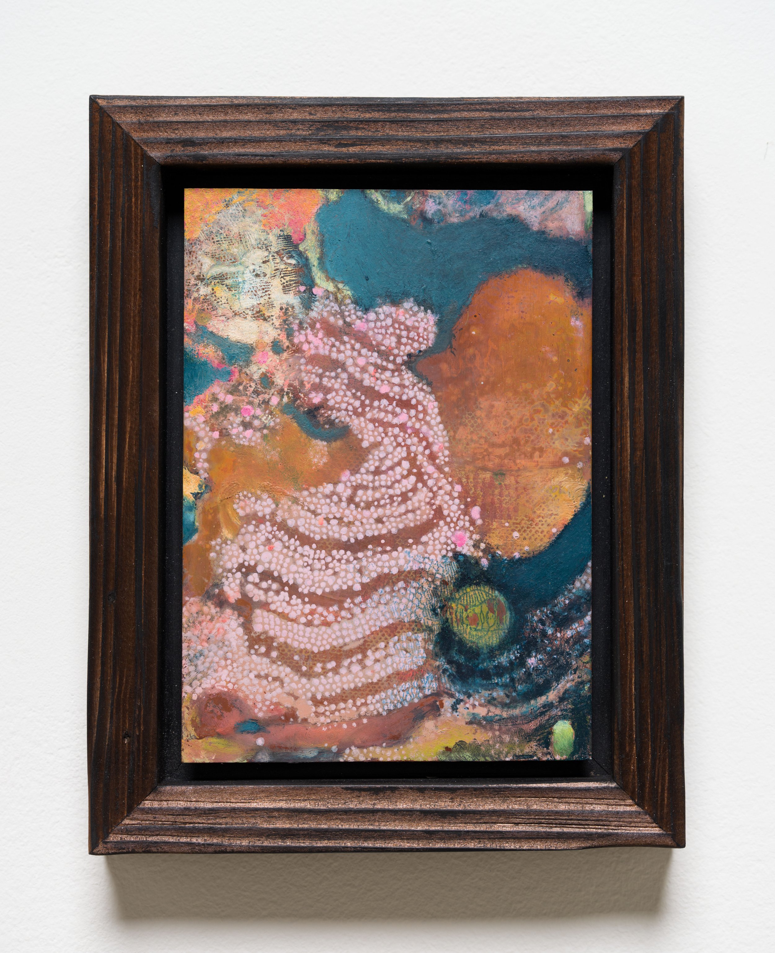   Particle Assembly , 2026 Oil on patinated copper, artist's frame 9 1/4 x 7 1/4 x 1 1/4 inches (framed) 