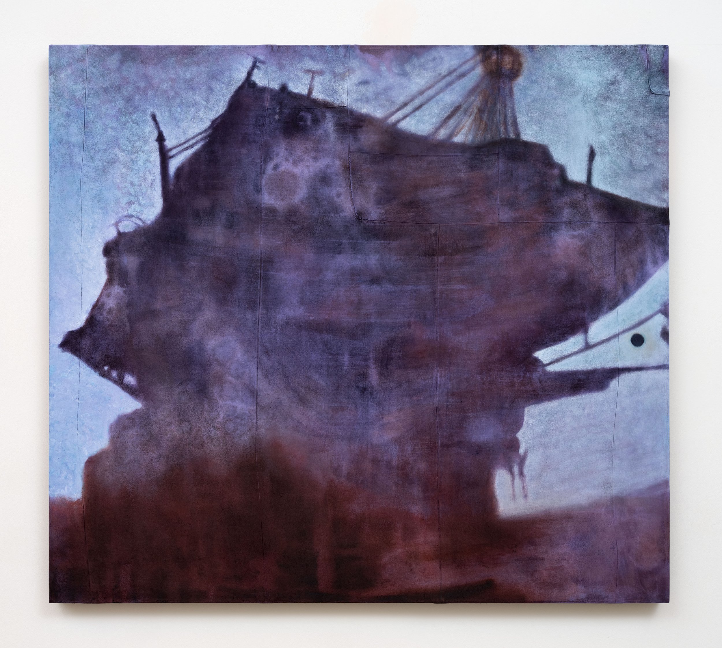   One Great Errand , 2026 Oil and chalk on sewn canvas with logwood and iron 45 x 50 x 1 1/2 inches 