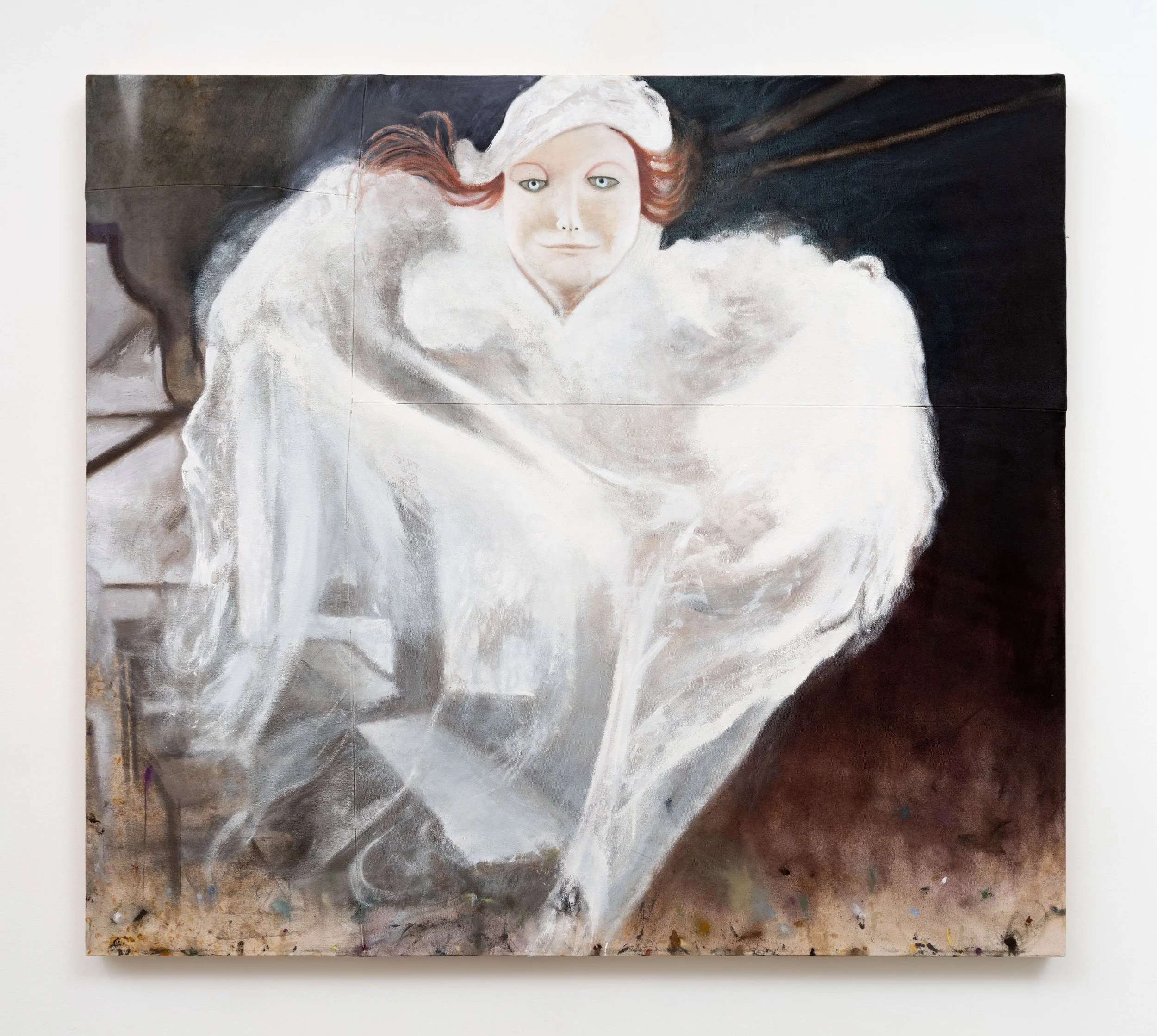   The Messenger , 2026 Oil and chalk on sewn canvas with logwood, fustic, and rose 45 x 50 x 1 1/2 inches 