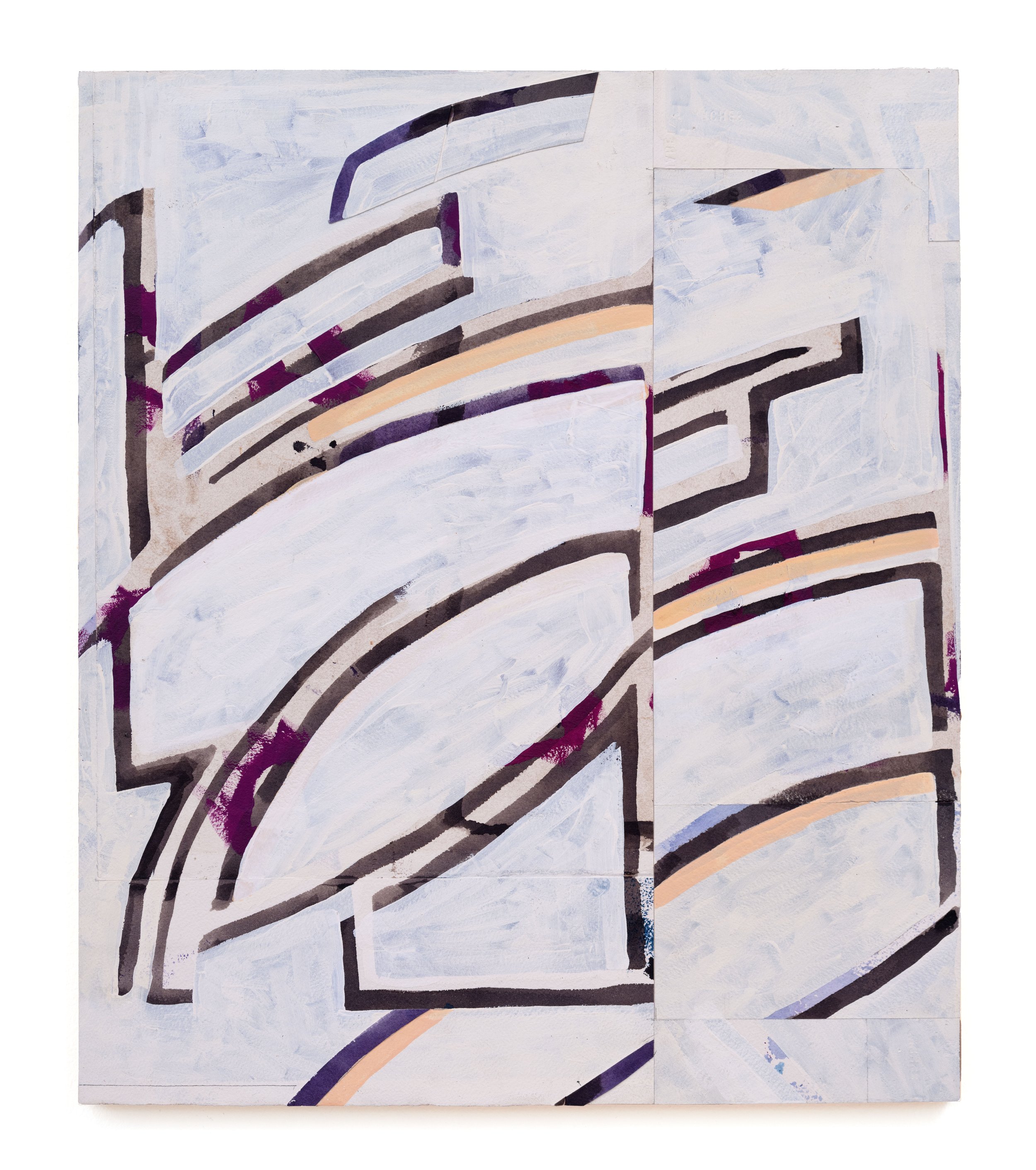  Lecia Dole-Recio  Untitled (double peach and purple curves) , 2025 Acrylic, gouache, oak gall ink, graphite, glue, paper, and wood 18 1/2 x 15 3/4 x 3/4 inches  Courtesy of the artist, Moskowitz Bayse, Los Angeles, and&nbsp;Commonwealth and Council.