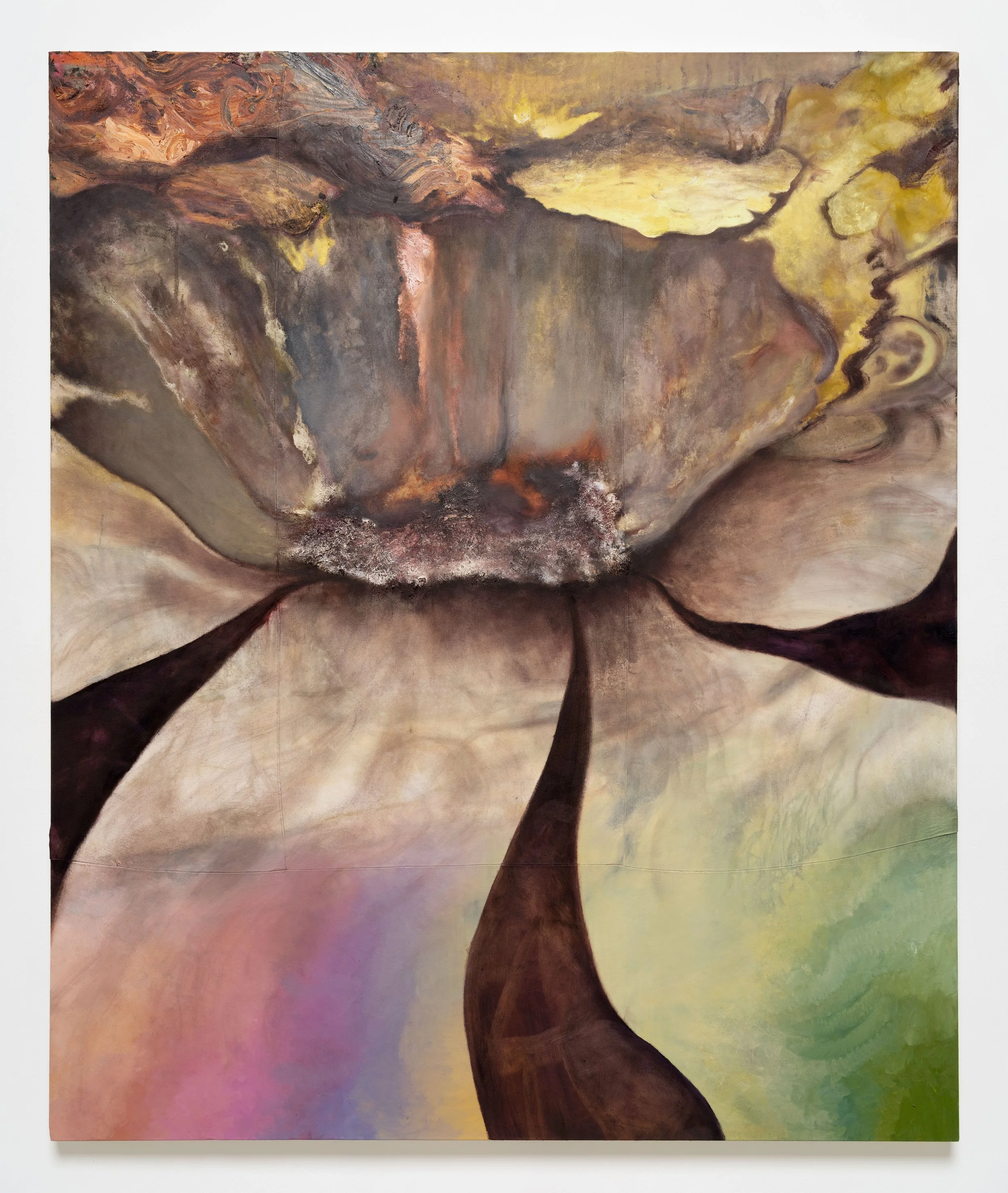   Hum , 2026 Oil on sewn canvas with logwood and iron 72 x 60 x 1 1/2 inches 