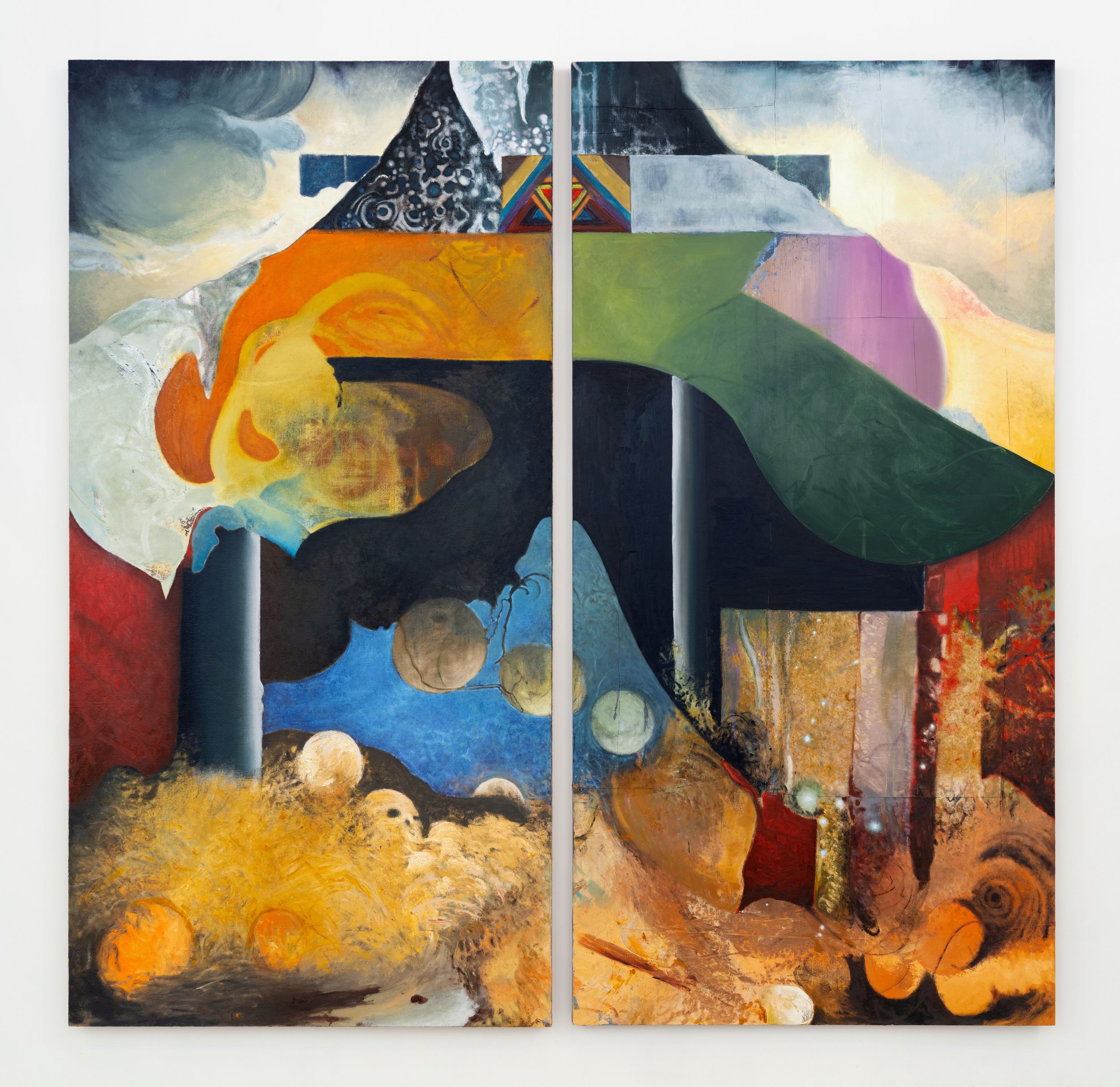   Turning in the House of the Automaton , 2026 Oil, chalk, and wax on sewn canvas and jute with logwood and fustic 120 x 122 1/2 x 1 1/2 inches 