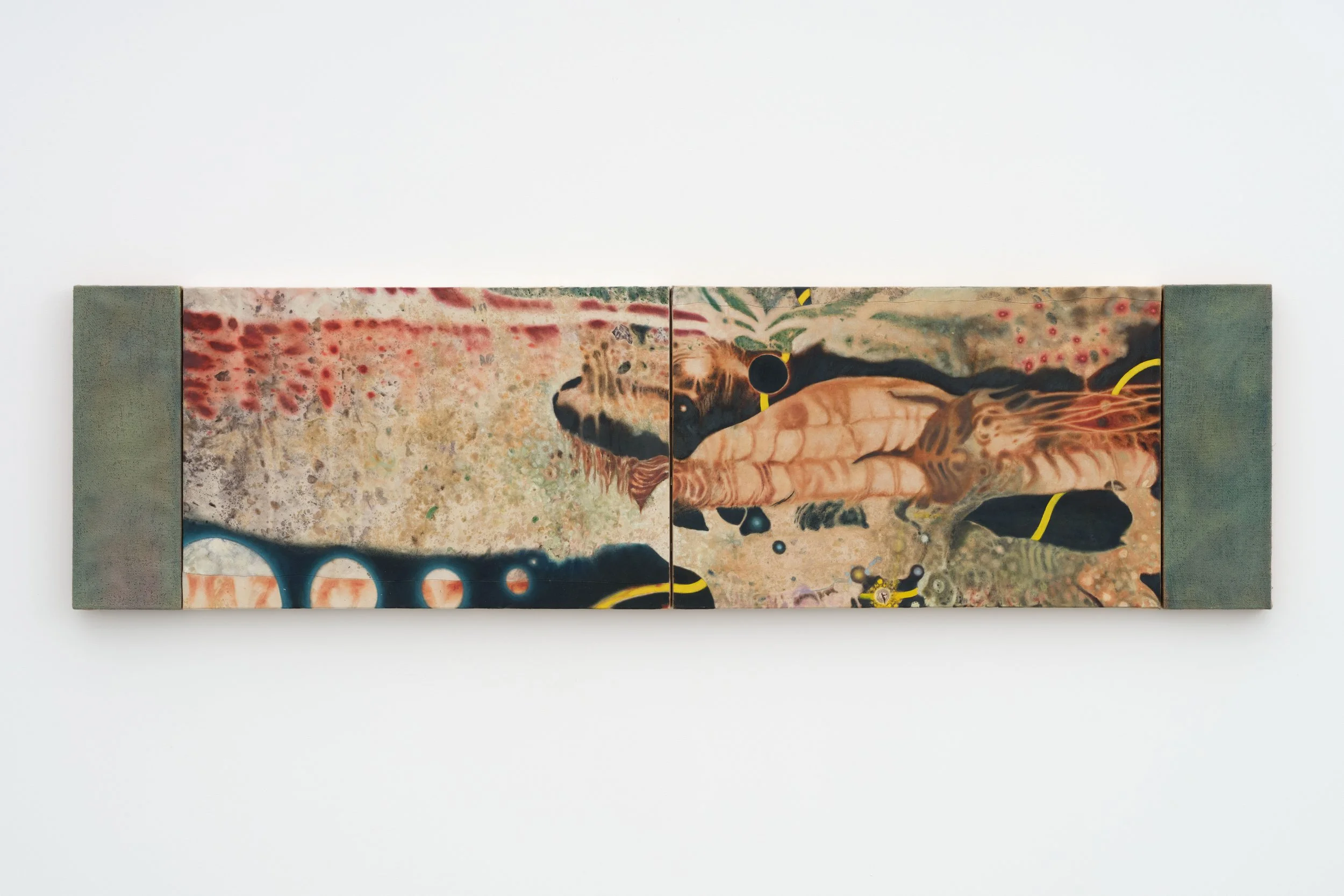   Worlds Make Worlds , 2025 Oil on sewn canvas and burlap with fustic and roses 24 x 89 inches 