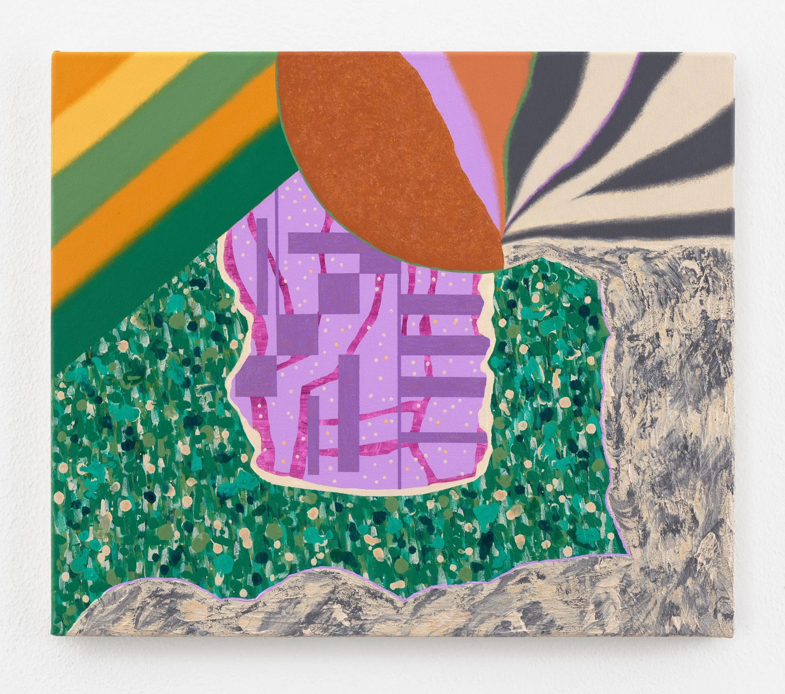   Seeds and Circles / PurpleGreen , 2026 Acrylic, sand, and modeling paste on canvas 23 5/8 x 27 1/2 x 1 1/8 inches  Photo: Eric Tschernow 