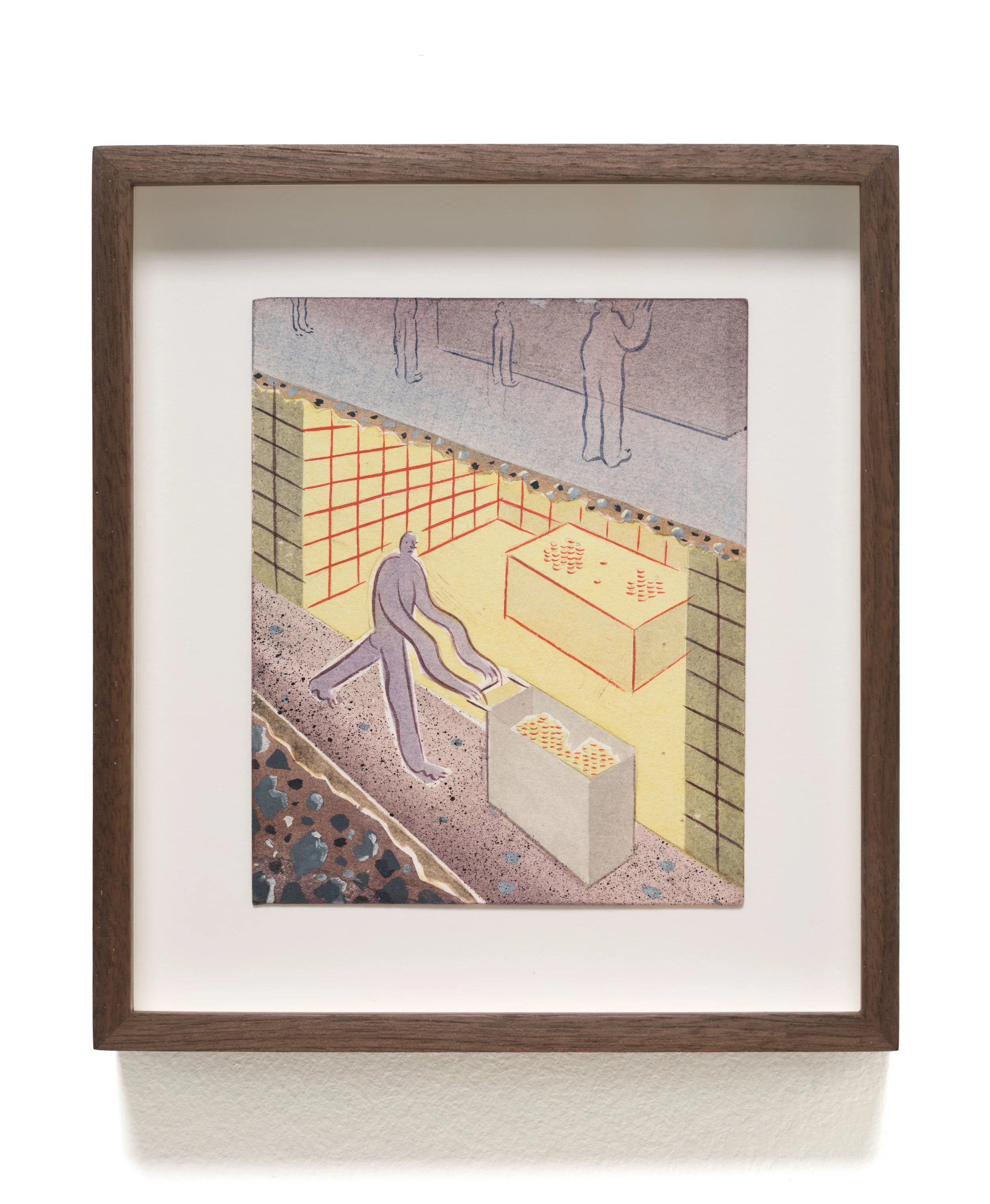   Downstairs , 2025 Gouache, watercolor, and ink on paper 9 x 8 x 1 1/2 inches (framed) 