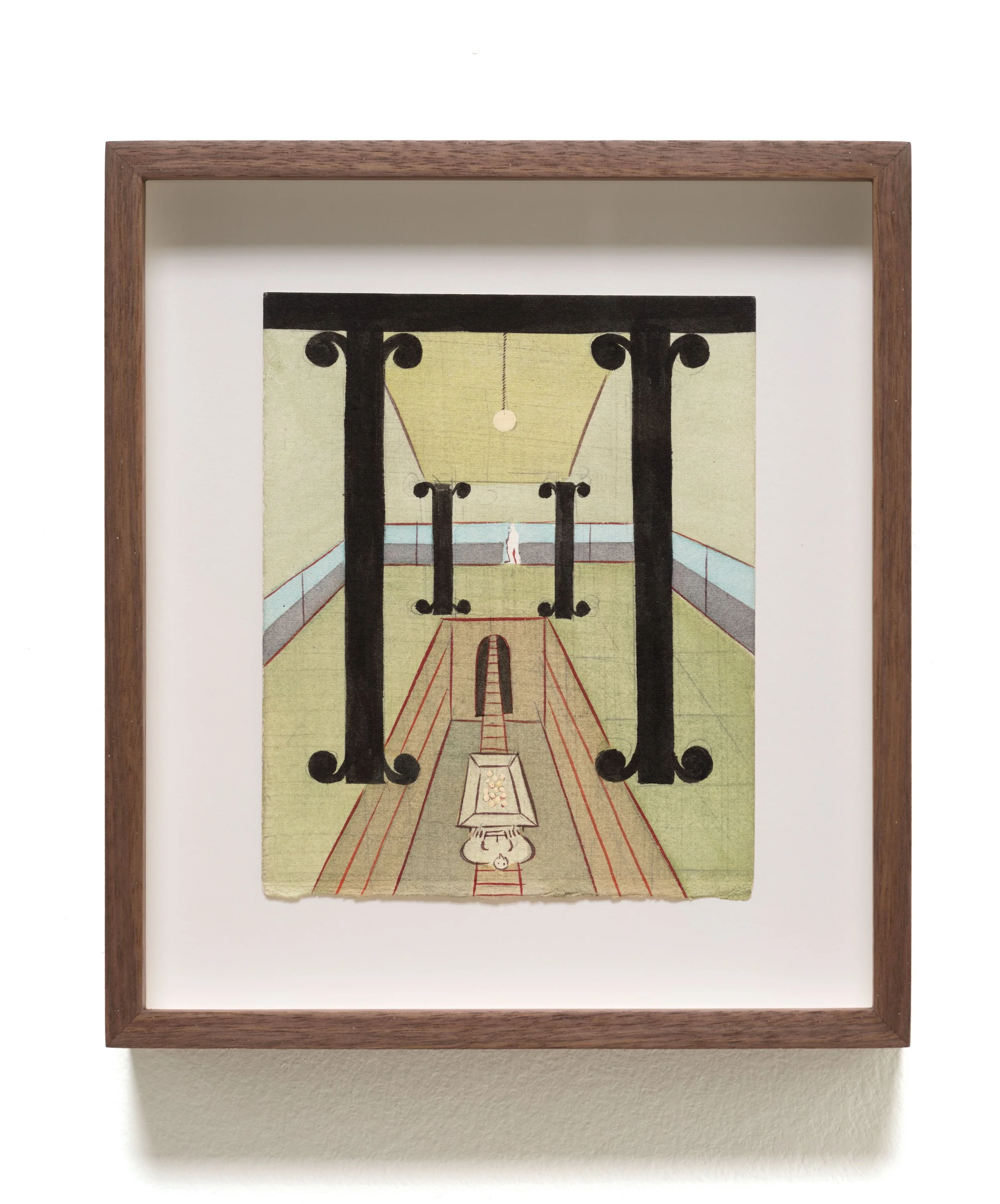   Upstairs , 2025 Gouache, watercolor, and ink on paper 9 x 8 x 1 1/2 inches (framed) 