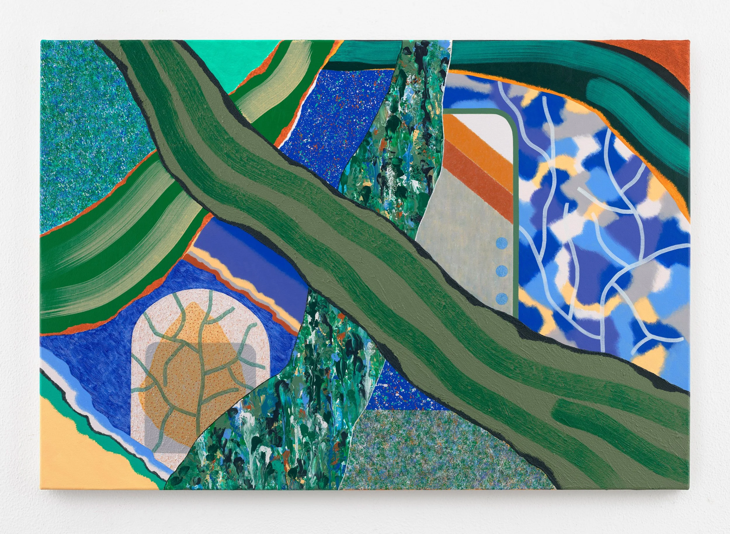   Crossings / BlueApricot , 2026 Acrylic, sand, and modeling paste on canvas 35 3/8 x 51 1/8 x 1 1/8 inches; 90 x 130 x 3 cm  Photo: Eric Tschernow 
