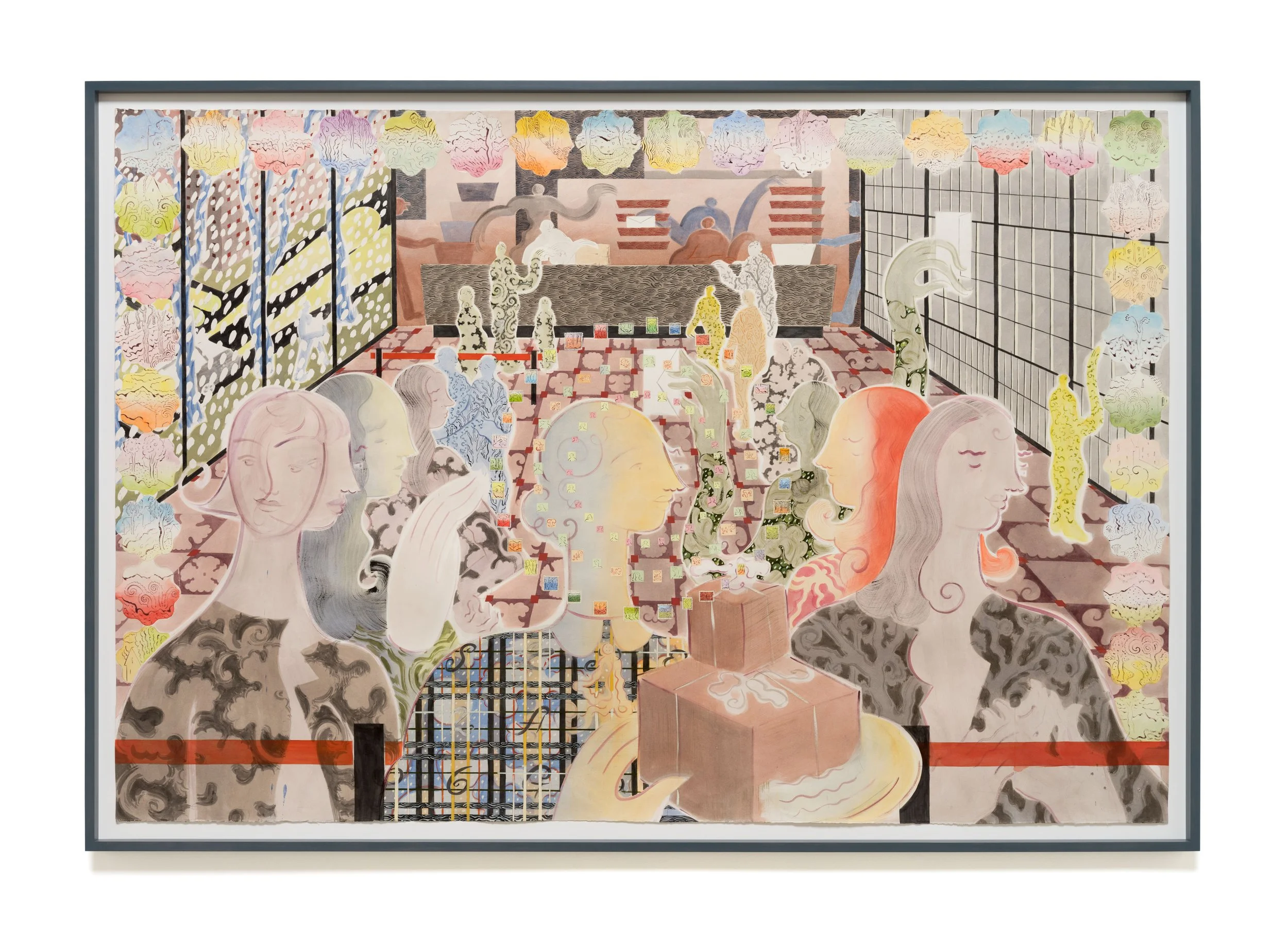  Alexa Guariglia  Forever Stamp , 2026 Gouache, watercolor, and ink on paper 64 3/8 x 93 1/4 x 2 1/4 inches (framed) 