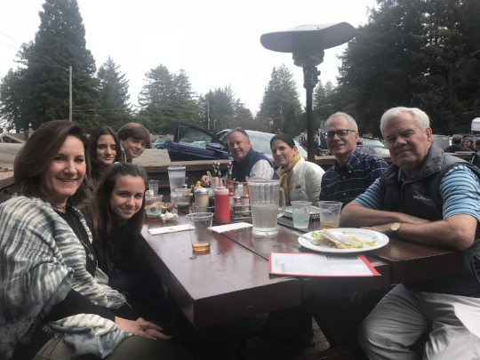 All of us eating outside at the famous Alice's Restaurant on Skyline in Woodside.