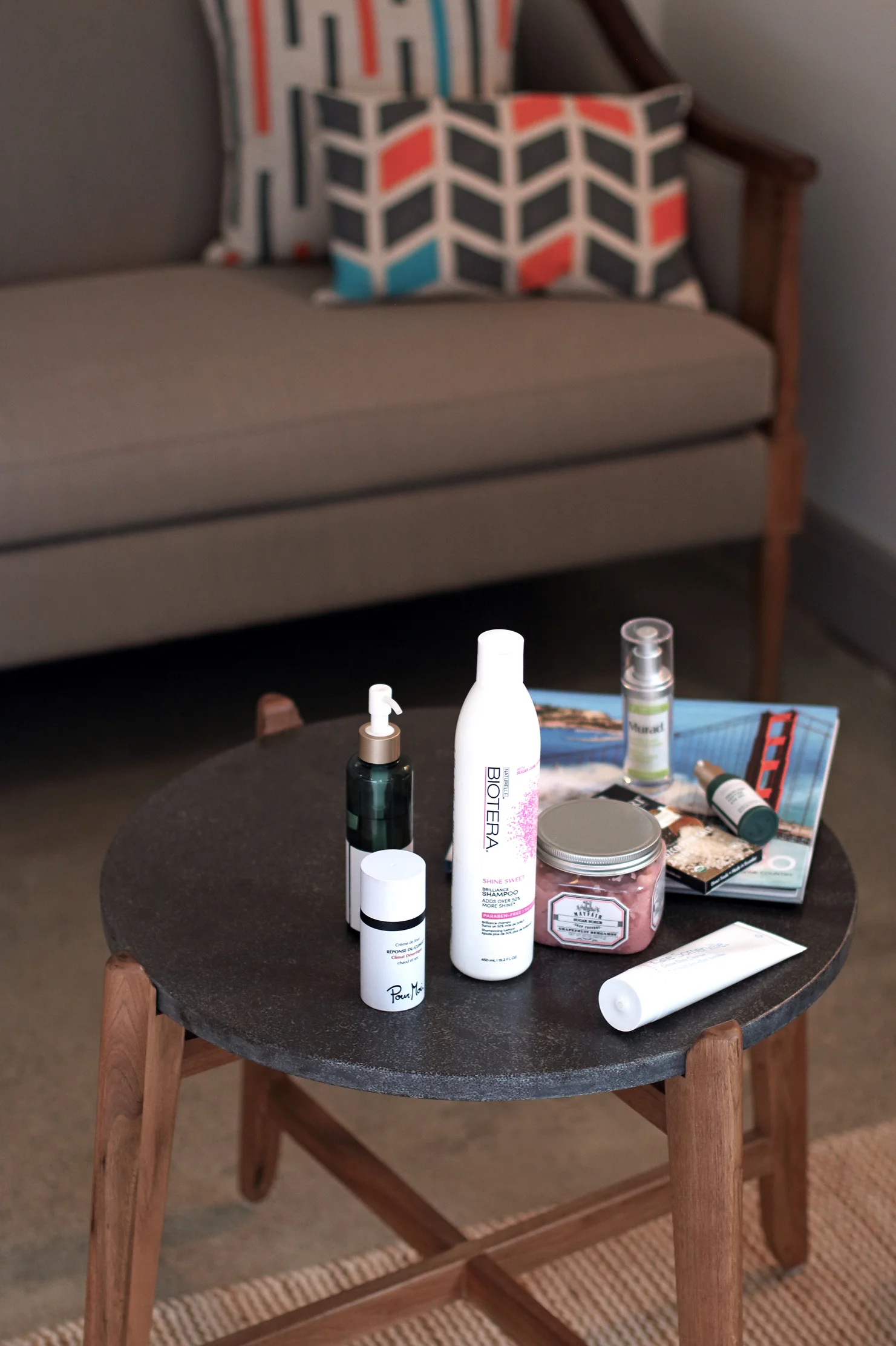 Products I'm currently loving: Biotera Shine Sweet Brilliance Shampoo , Biossance Squalane + Antioxidant Cleansing Oil , Kate Sommerville Detox Daily Cleanser , Pour Moi Day Cream , Mayfair Soap Foundry grapefruit bergamont sugar scrub , Biossance Squalane + Peptide Eye Gel , and Murad Retinol Youth Renewal Serum .
