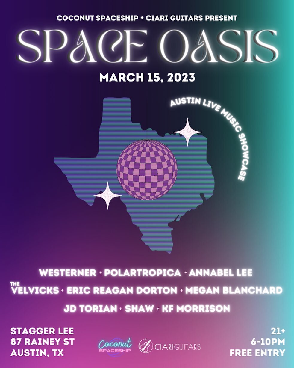 ✨New Show Added!✨ We&rsquo;re excited to share the stage with some old friends @polartropica and @thevelvicks as well as some new friends too!!!

Presented by @coconutspaceship &amp; @ciariguitars at @staggerleeaustin , this event will be a blend of 