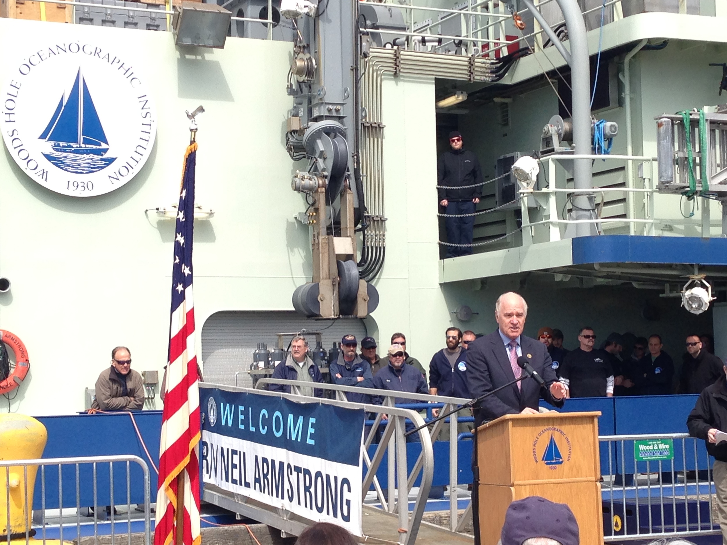 Representative Keating delivers remarks at the welcome ceremony for the R/V Armstrong , the newest member of WHOI's research fleet.