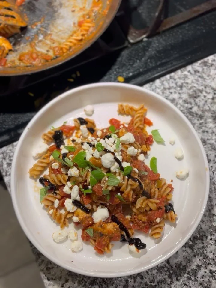 Pan-seared mahi-mahi and shrimp, whole-grain fusilli, creamy tomato-coconut sauce, fresh basil and crumbled goat cheese.