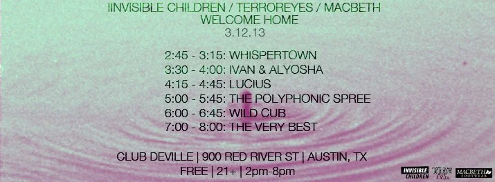 At SXSW today you’ll find us at the Invisible Children Party at Club Deville, 900 Red River St. We play 3:30-4pm!
We’ll also be playing tonight at 8pm at the Conflict of Interest Party at The Hype Hotel!