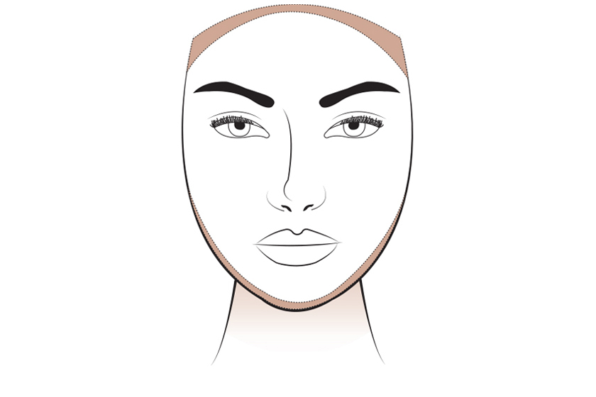  To slim the face,&nbsp;brush the contour&nbsp;colour across the&nbsp;hairline and along&nbsp;the jawline, blending&nbsp;down the neck. 