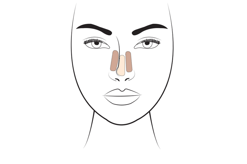  To slim the nose,&nbsp;place the darker contour&nbsp;shade down either&nbsp;side of the nose,&nbsp;and add a highlight&nbsp;down the centre. 