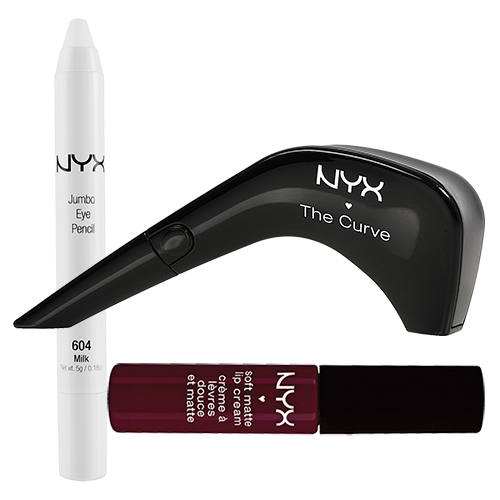NYX’s fan favourites: The Curve, $17, is a liquid liner shaped for no-sweat application; Soft Matte Lip Cream (shown in Copenhagen), $9, is the brand’s most-Googled item; Jumbo Eye Pencil in Milk, $6, became a viral hit when vloggers raved about it as an eyeshadow base