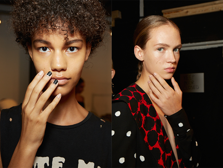 PROENZA SCHOULER (Photo: Essie): To create Proenza’s signature no-makeup look, Diane Kendal blended M.A.C Climax Pro Sculpting Crème (new for Spring/Summer 2016) onto cheekbones.