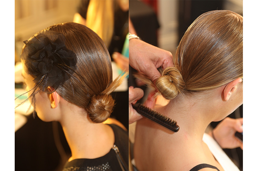 MARCHESA (Photo: David Webber for Moroccanoil): Antonio Corral Calero, global Moroccanoil ambassador, parted hair strictly in the centre before smoothing it into a low ponytail and twisting into a bun, with loose ends left to fan out.
