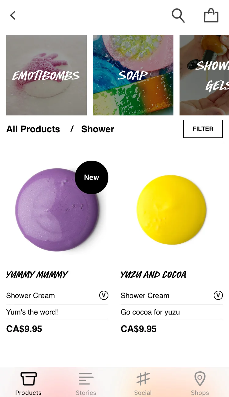Screenshot from the Lush app