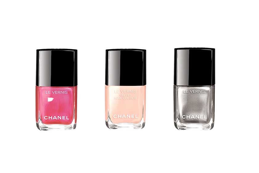  Chanel Le Vernis in (from left) Longwear Hyperrose Glass, Velvet Pink Rubber and Longwear Liquid Mirror, $32 