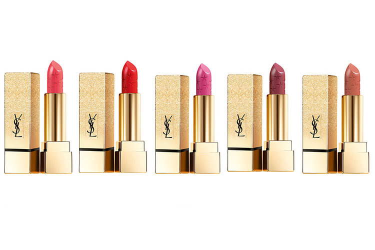  Yves Saint Laurent Rouge Pur Couture Collector Sparkle Clash Edition in (from left) 52 Rouge Rose, 1 Le Rouge, 19 Fuchsia, 9 Rose Stiletto and 70 Le Nu, $42 each 