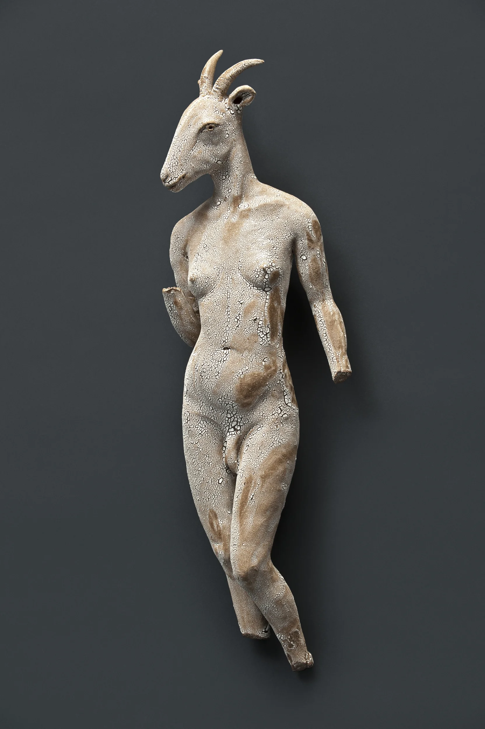 14”x5”x2” 2015 Red clay with a magnesium rich crawl glaze. My first experiment with hermaphroditic goat beings.