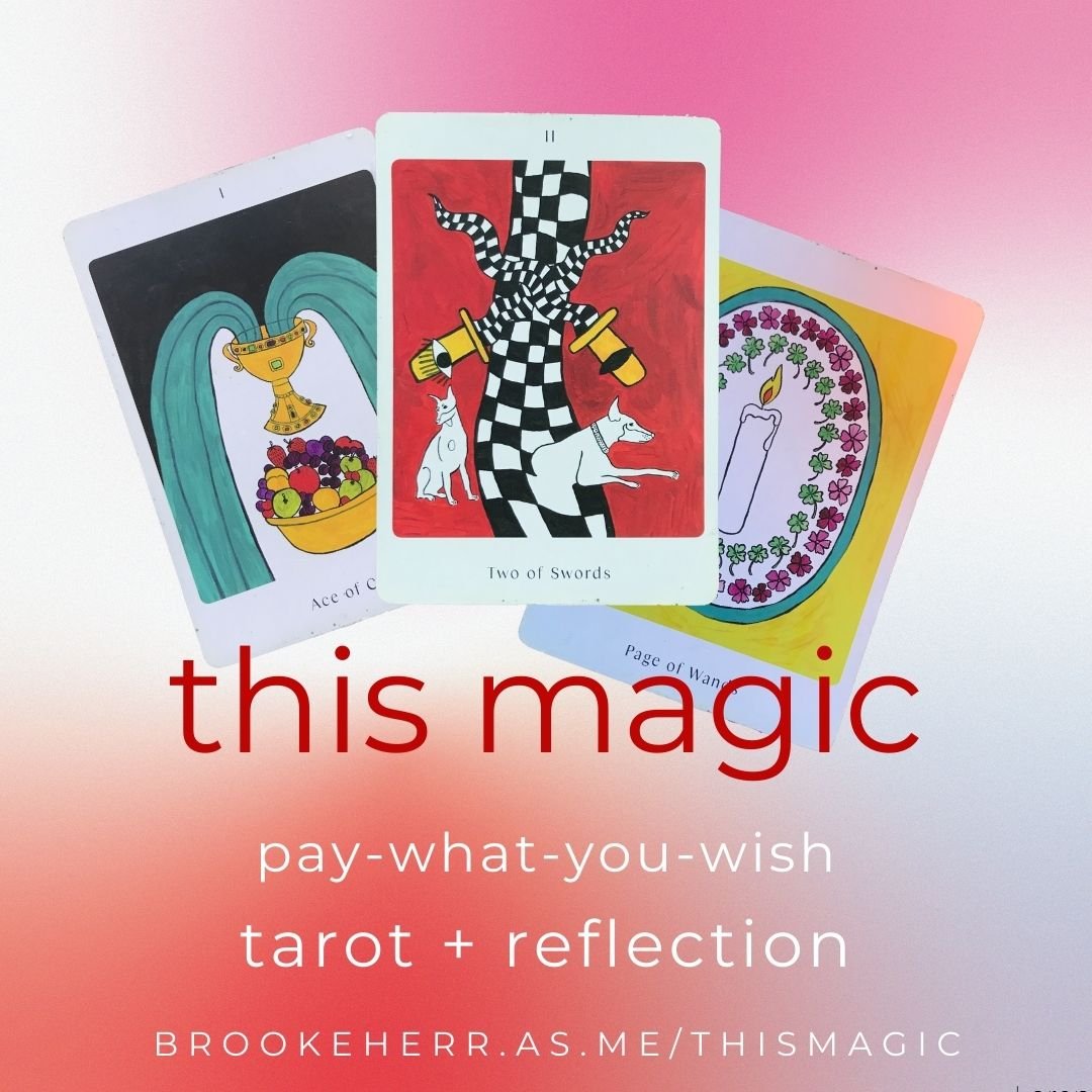  three tarot cards hover over a pink and red background. text reads: “this magic, pay-what-you-wish tarot + reflection” 