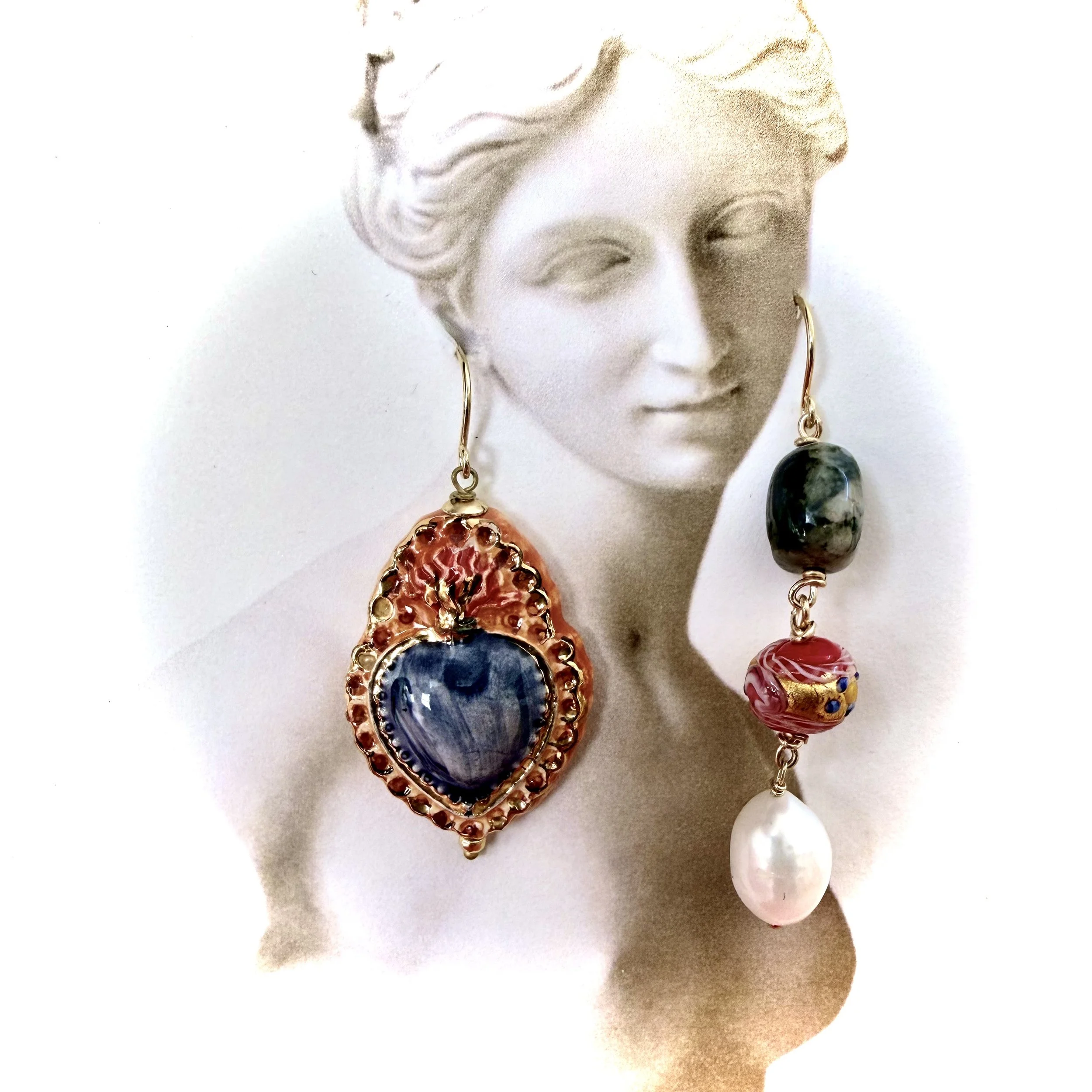 19. Maria Leoni - Aeolian Ceramic Heart - Asymmetrical Earrings