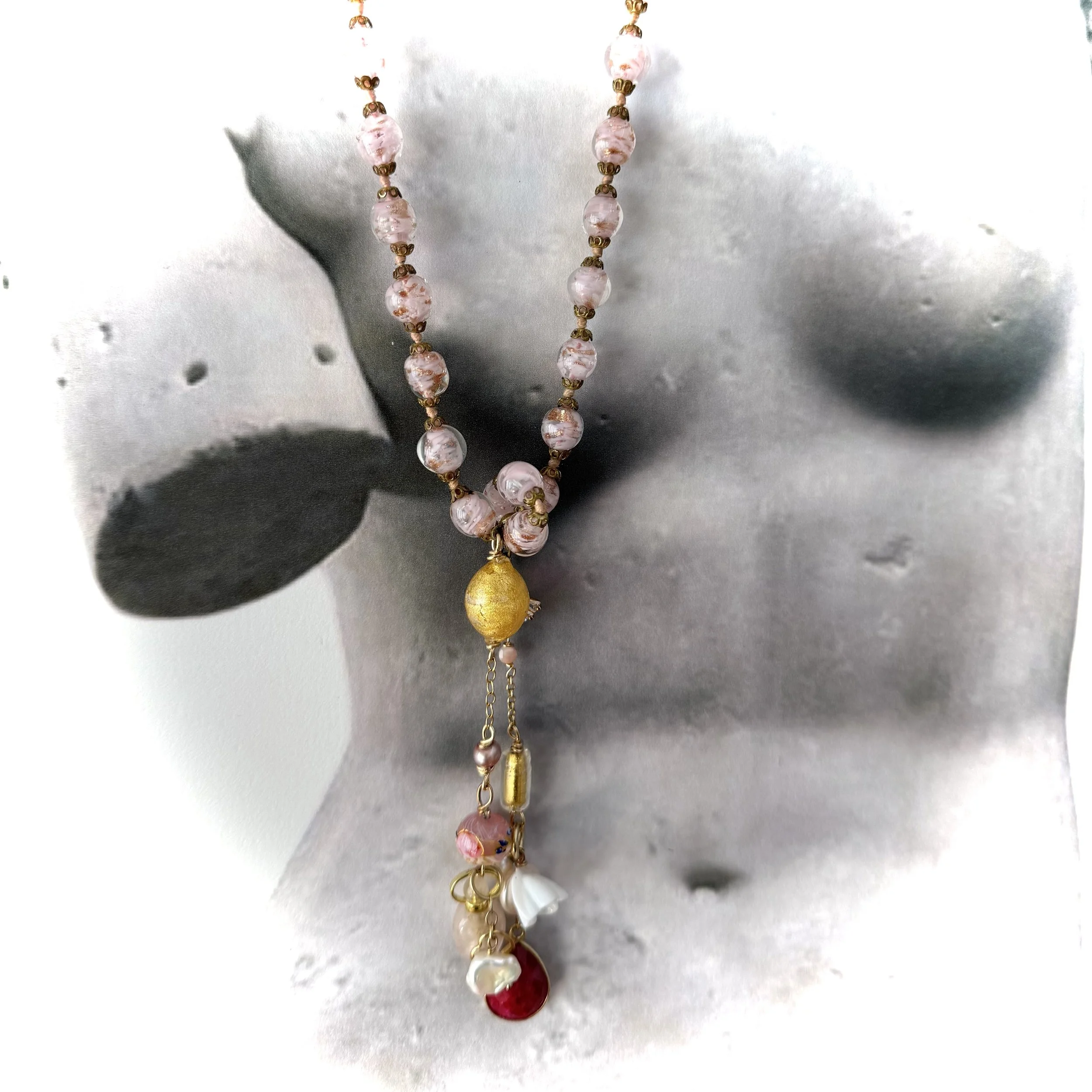 25. Maria Leoni - 1930 Murano glass bead strand 1910 Murano Glass Flower - Necklace