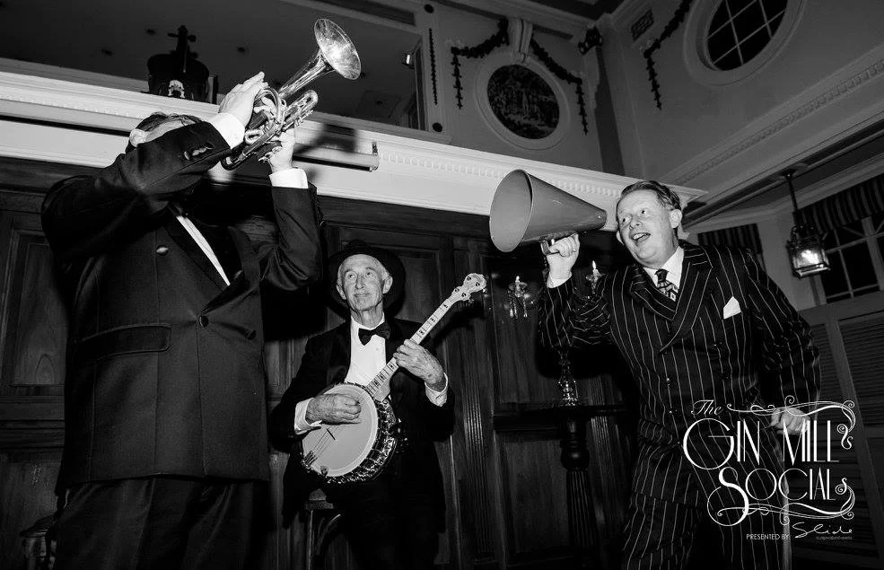 Greg Poppleton 1920s jazz trio: Greg Poppleton megaphone, Paul Baker banjo, Geoff Power cornet doubling sousaphone