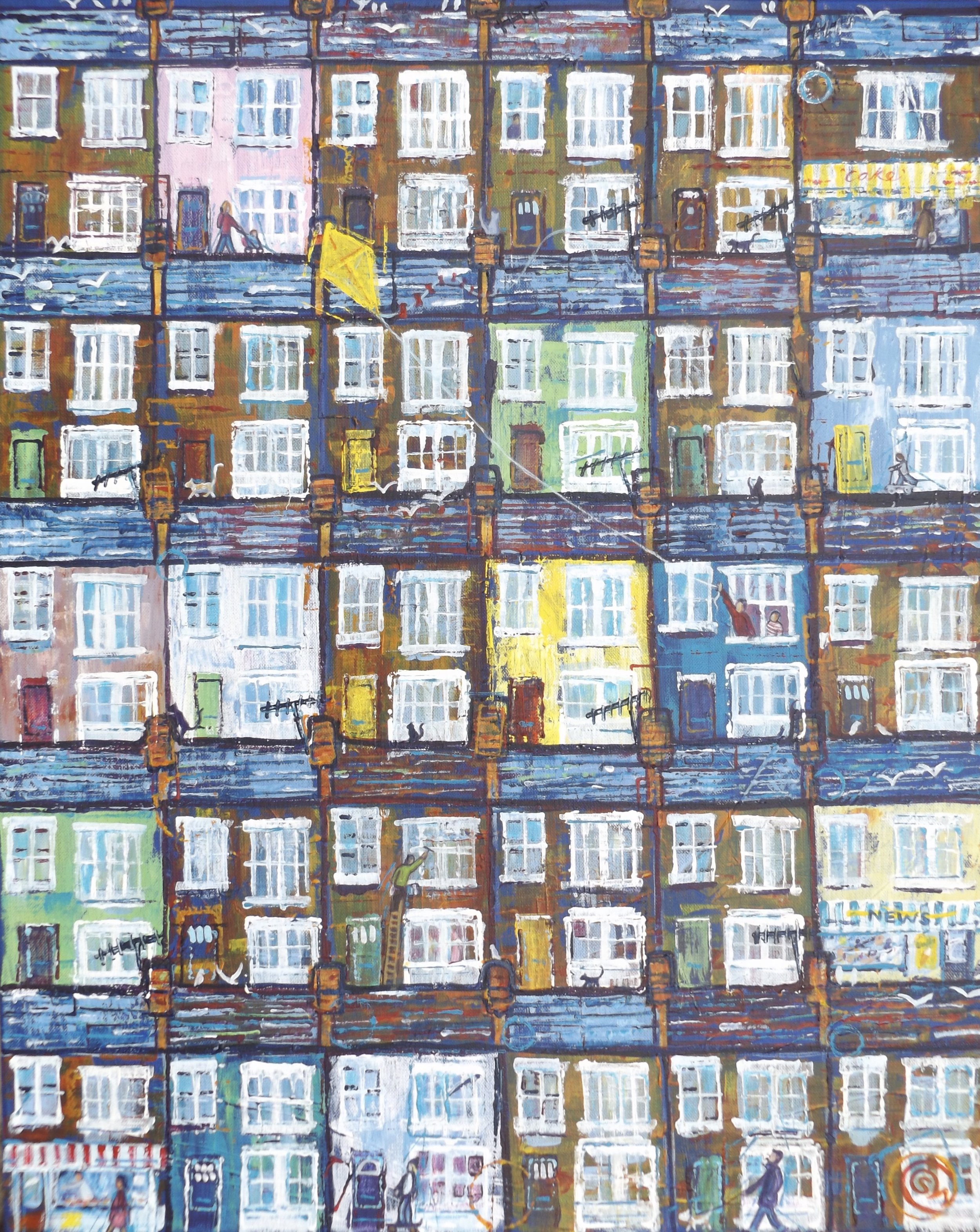 'Flight of Fantasy' Acrylic on canvas (61cm x 46cm) urban life in a seaside town
