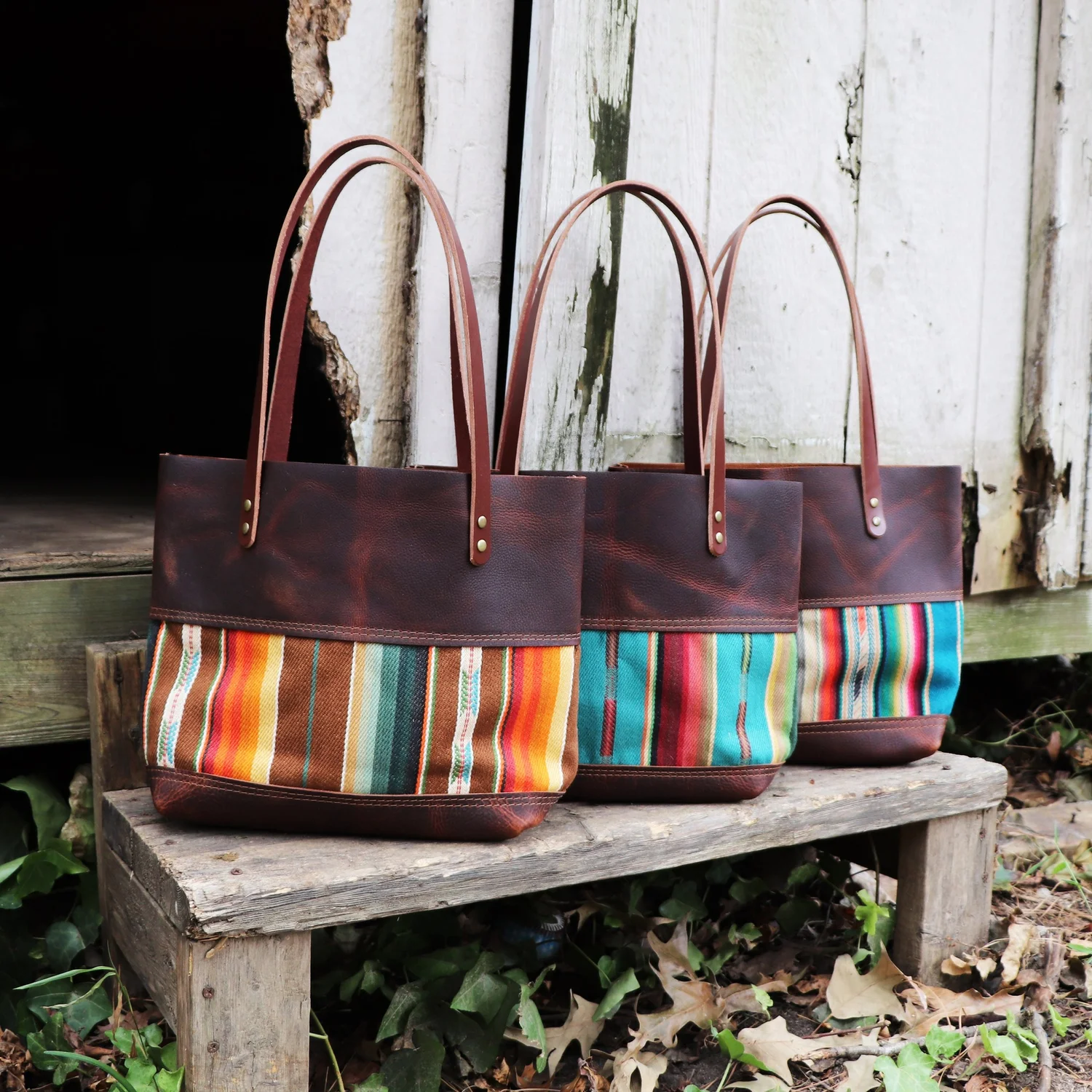 Brown Leather and Serape Tote Wool Brown Leather Tote Native