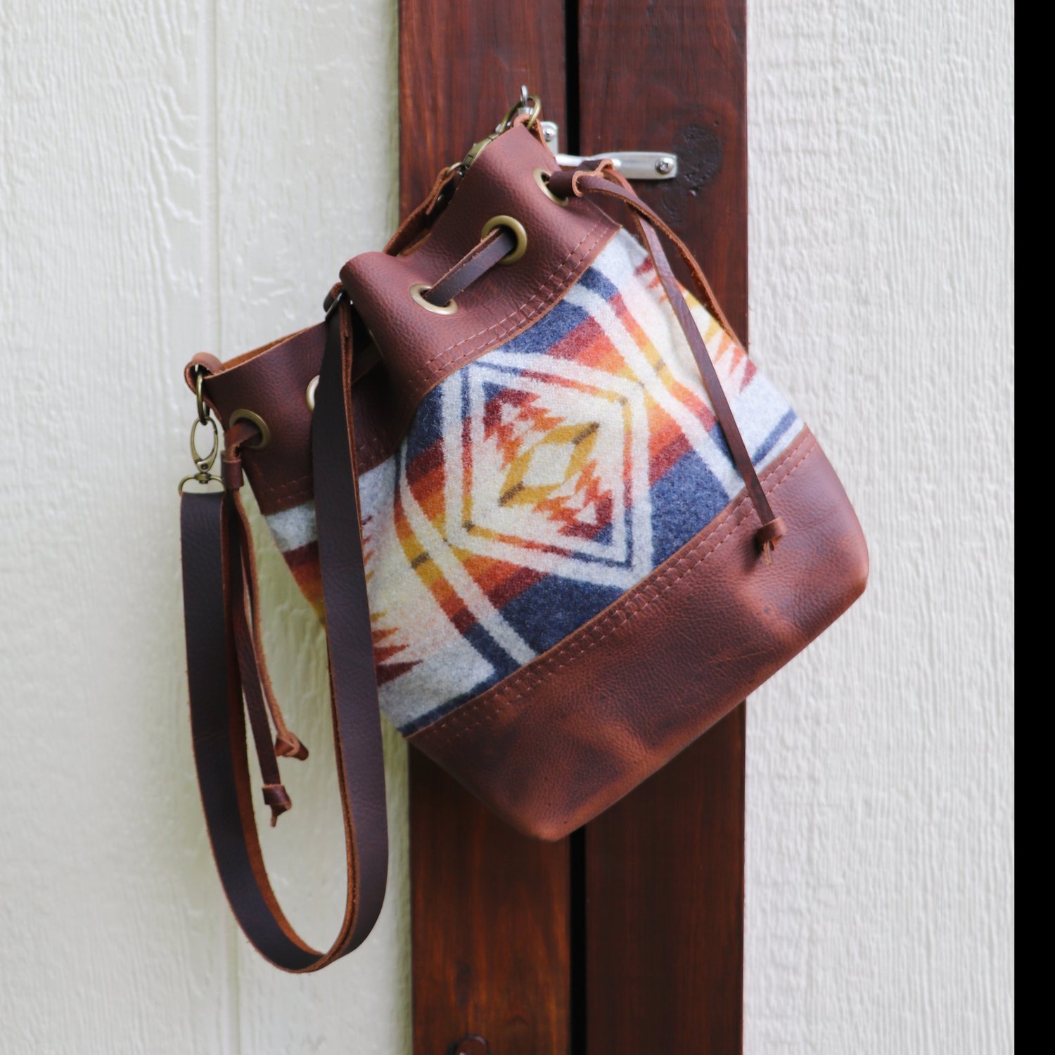 Convertible Drawstring Leather Bag with Wool- Crossbody/Shoulder