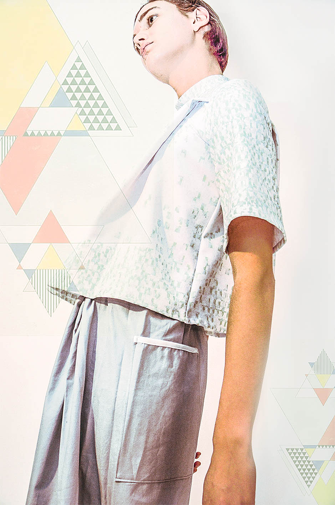 Gabriel wears top and trousers by Nicholas Fellows