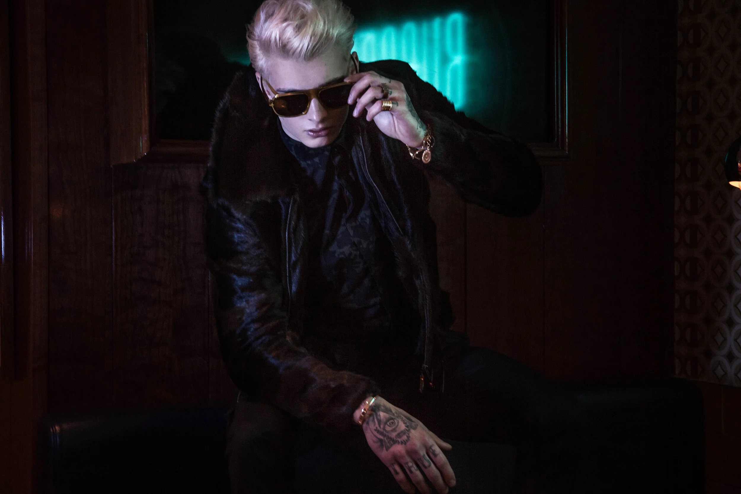 Jacket: Helen Anthony Shirt: Anthony Marato Glasses: Andy Wolf Jewellery: Illion