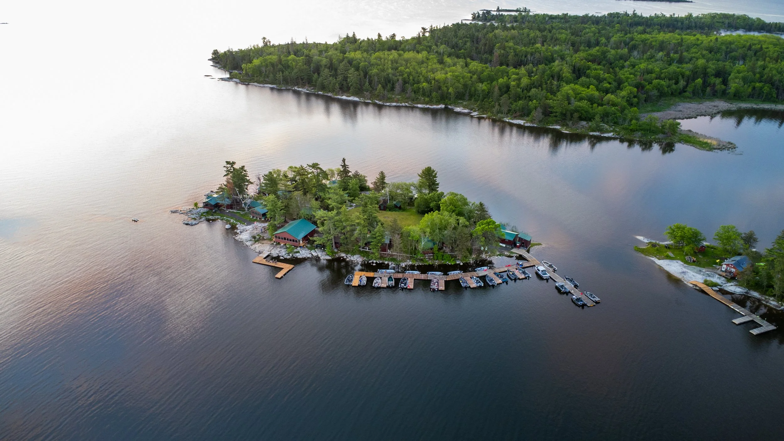 Aerial view of Tamarack Island Wilderness Lodge on Lake of the Woods near Morson, Ontario