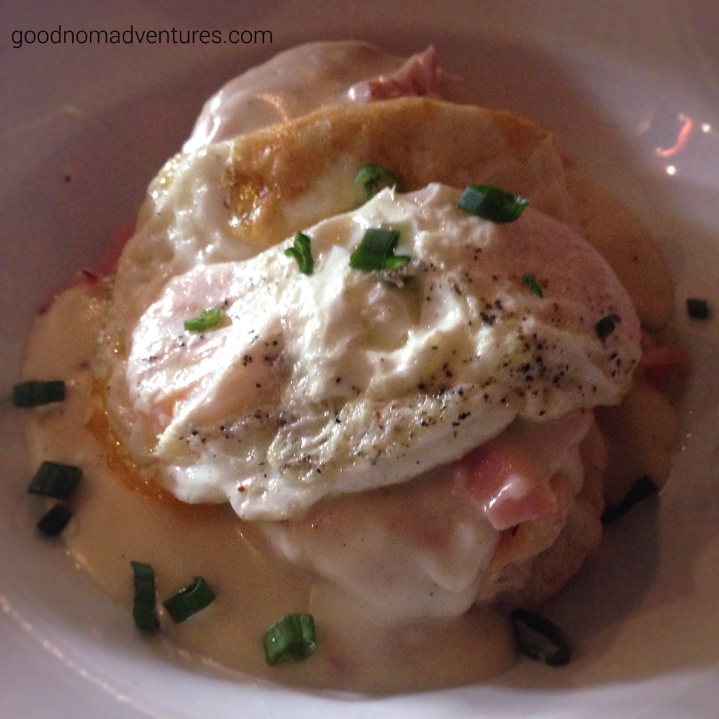 Ham & Biscuits with Fried Eggs & Peppercorn Gravy