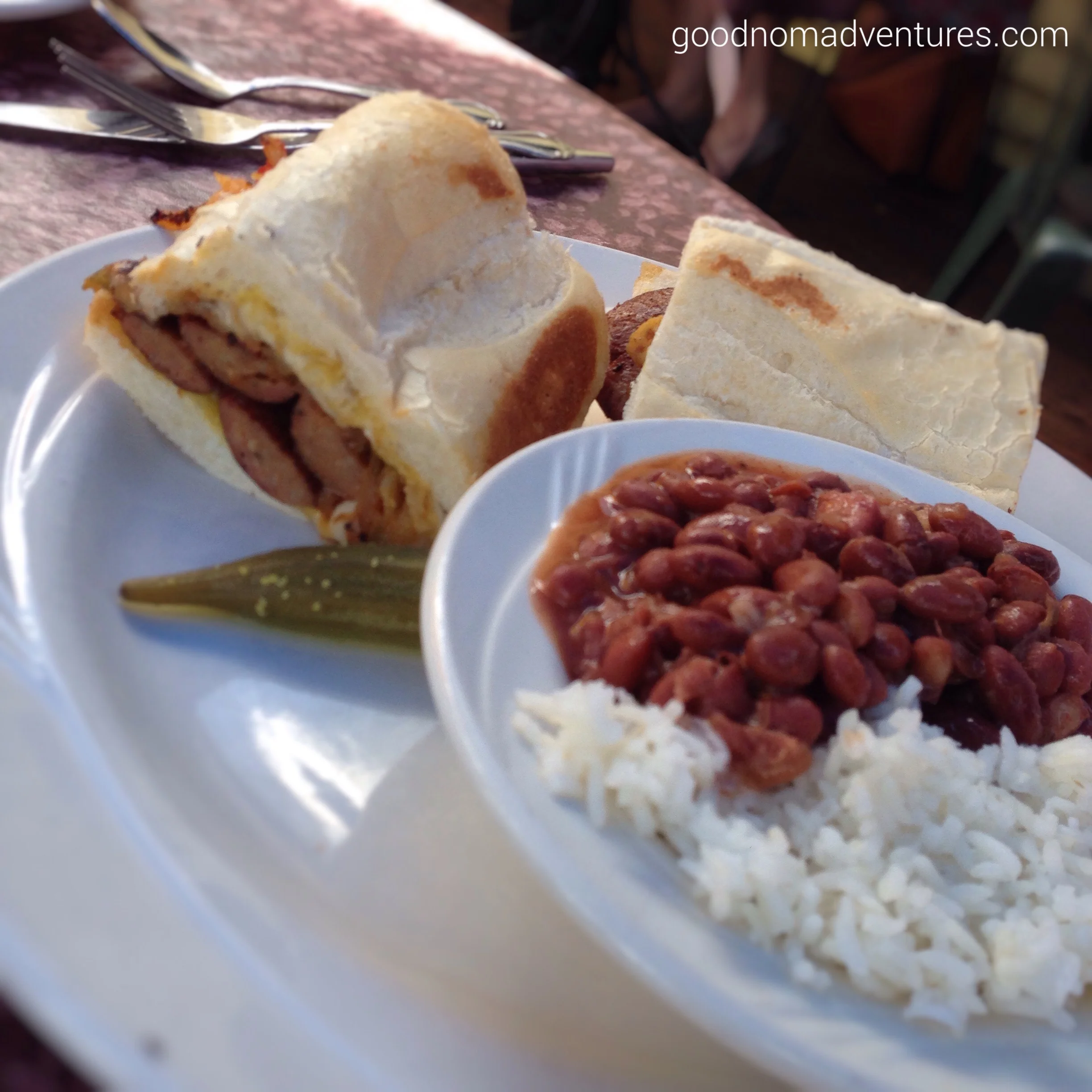 Sausage sandwich with red beans and rice