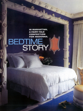Magazine feature showing a blue bedroom with a sculptural bed canopy