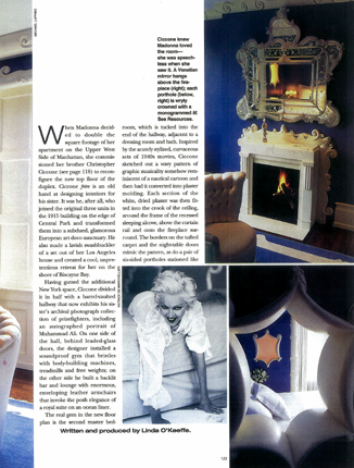 Magazine feature with blue bedroom and sculptural furniture details