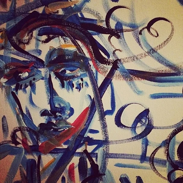 Christopher Ciccone painting of a face in blue and red with flowing lines