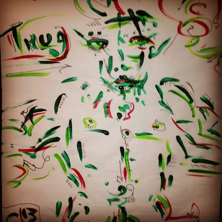 Christopher Ciccone painting with green and red lines on a pale background