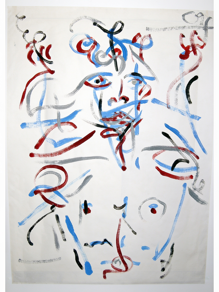 Christopher Ciccone painting of expressive faces in red, blue, gray and black on a pale background