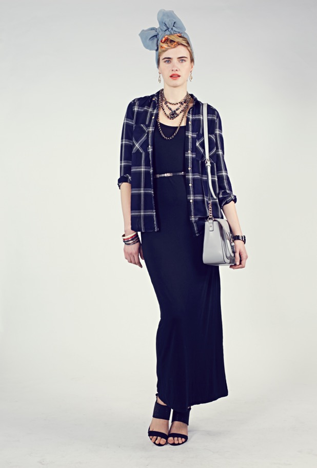 Layered a plaid long sleeve shirt over a basic sleeveless black dress