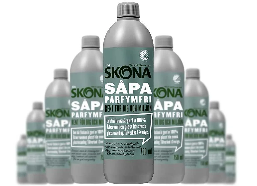 Såpaflaska, helt gjord av återvunnen plast. Läs mer här