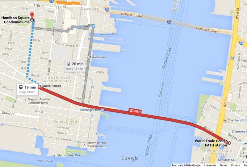 (PATH to GROVE or NEWPORT stops : PATH Trains from WTC, 33rd St, 23rd St, 14th St, 9th St, and Christopher St)
