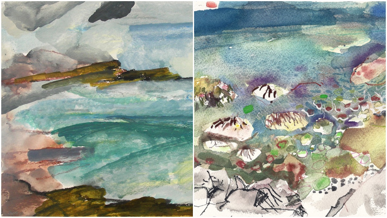 Image Credit: Eliot Markell, Mist at Schoodic (detail), 2011, plein air watercolor and oil pastel on paper, 9 x 11.5 inches and Jeanne Tremel, Schoodic #1 (detail), 2011, plein air watercolor on paper, 6 x 8 inches.