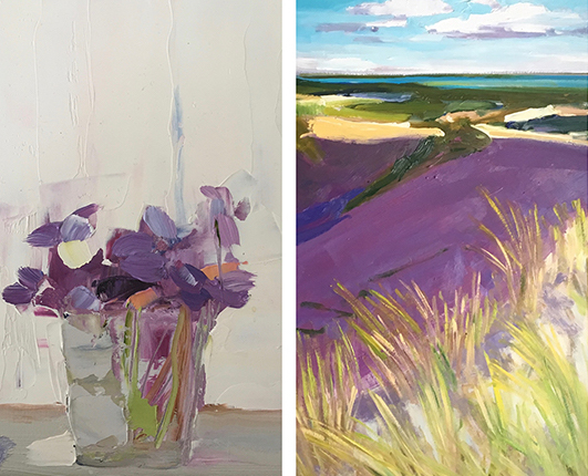 image L: Gretchen Kummer McGinnis, Violets , 2016, oil on canvas, 8 x 8", image R: Pete Hocking, Backside no.3 , 2017, oil on panel, 24 x 30"