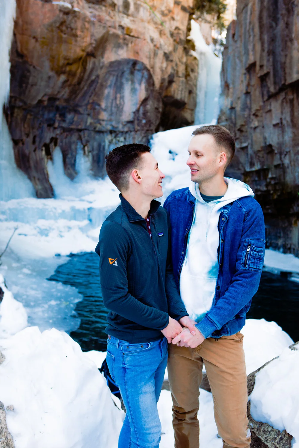  Durango colorado winter engagement photos  Cascade creek  Waterfalls frozen  Same sex, gay engagement photos, LGBTQ   ©Alexi Hubbell Photography 